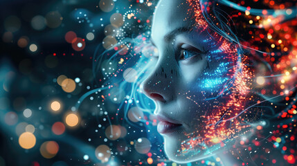 person in a maskArtificial Intelligence and Human Essence Convergence - A visually striking representation of a woman's face merging with a vibrant digital network, illustrating the convergence of art