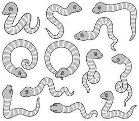 色んなポーズの蛇のイラスト【モノクロ・セット】