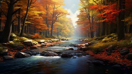 A peaceful river winding through a forest, its banks lined with autumn leaves and the sound of water soothingly clear