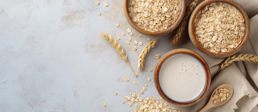 Healthy breakfast concept with a table topped with oats and a bowl of milk for a nutritious start to the day