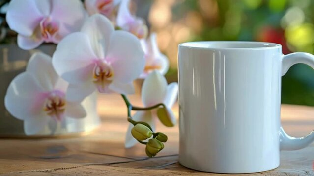 Close-up of a white color 11oz Mug on stone with orchids garden background , Mug mockup, Tumbler Mockup