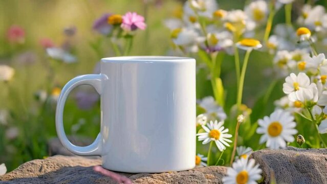 Close-up of a white color 11oz Mug on stone with Daisy Garden background , Mug mockup, Tumbler Mockup