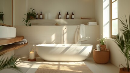 Fototapeta na wymiar Stylish modern designer bathroom with a white bathtub in the middle and decorative elements, palm plants and carpe