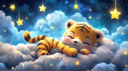 Small baby tiger sleeping and smiling on a white cloud against the background of the starry sky. Children's sleep, fairy-tale dreams - obrazy, fototapety, plakaty