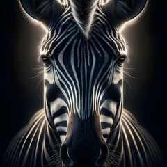 a zebra's face, the intricate details of its fur, the piercing intensity of its eyes, and the play of light and shadow on its majestic features. The composition emphasizes the zebra's unique patterns