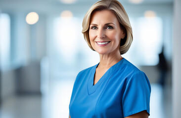 Fototapeta premium Portrait of a middle-aged woman nurse smiling and looking at the camera. A nurse in a blue coat on a light, blurred background. Doctor's assistant. Medical Workers Day.