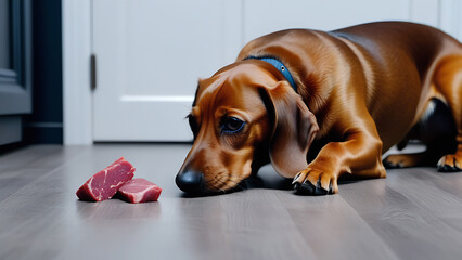 A dachshund dog eats raw meat from the kitchen floor. Proper nutrition for dogs, raw food diet. Care and feeding of a pet. Vitamins and minerals in feed.
