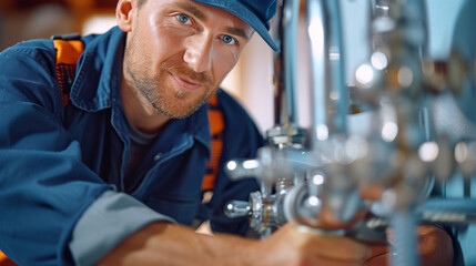 Fototapeta na wymiar Professional Technician Tuning Industrial Equipment. Expert mechanic in workwear adjusting valves in a facility.