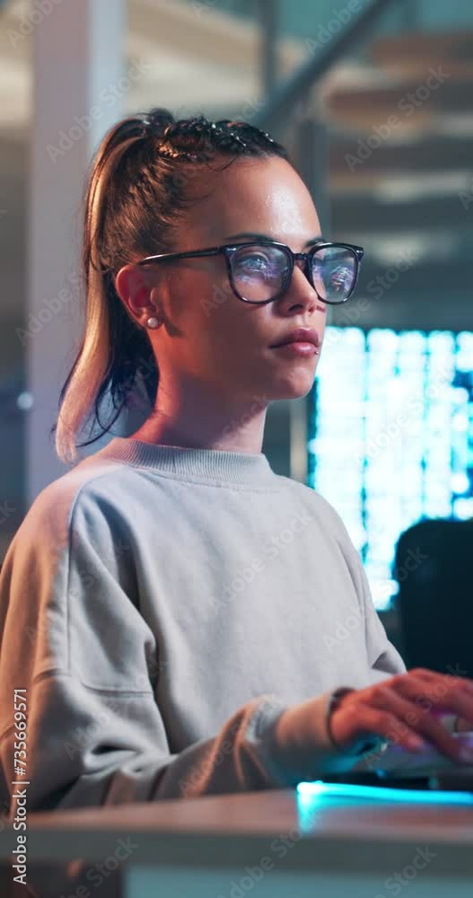 Poster Woman, programmer and typing on computer at night and reading code and thinking about information. IT, professional and person with analysis software for cybersecurity and research for project