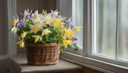 Columbine  flowers in wicker basket near window.