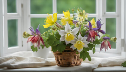 Obraz na płótnie Canvas Beautiful Columbine flowers in basket near window.