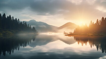 A serene lake at sunrise, mist hovering over the water, with distant mountains reflected perfectly on the surface