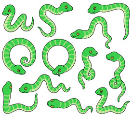 色んなポーズの蛇のイラスト【カラー・セット】