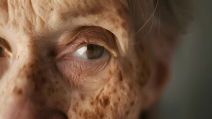 A portrait of a person with age spots and lined skin showcasing the beauty and unique details of their aging face, Elderly female With Freckled Hair and Blue Eyes