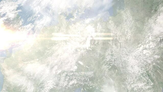 Earth zoom in from space and focus on Radebeul, Germany. 3D Animation. Satellite view. Background for travel intro. Images from NASA.