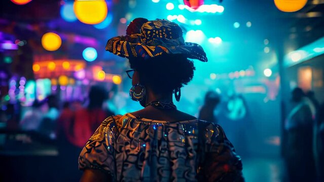 Back view of african american woman in traditional headdress at night club