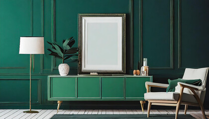 Mockup frame broder with wooden cupboard and green wall, 3d Renderer