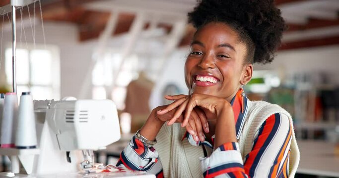 African female person, seamstress and designer for fashion and smile for trendy style and cheerful. Black woman, sew and tailor, dressmaking and alterations for fabric and apparel and custom clothes