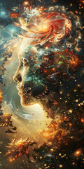 Cosmic Flame Goddess Portrait.
Artistic depiction of a woman's profile blended with vibrant cosmic flames.