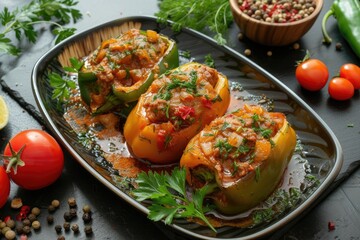 Stuffed peppers, tasty bell-peppers delicious cooked meal with meat greens