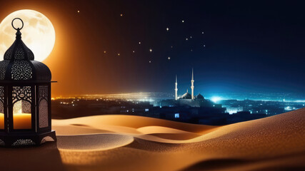 ramadan celebration background with arabic lanterns. Banner with copy space