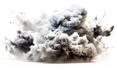 Explosive Burst of Dense Smoke Clouds Isolated on White Background, Concept of Power, Destruction, and Turbulent Force in Nature or Industry