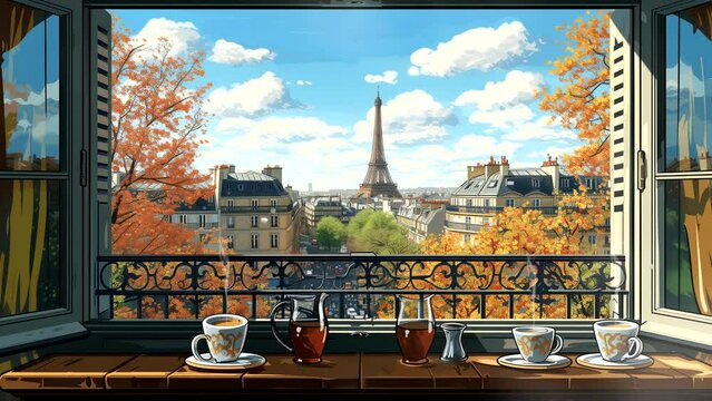Coffee on the table with rooftop view of the Eiffel Tower. seamless looping 4k time-lapse animation video background