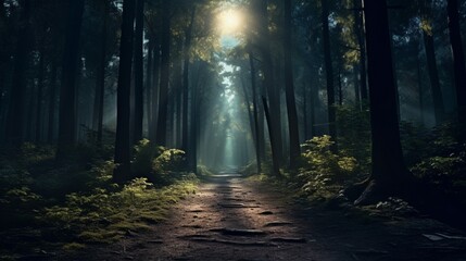 A tranquil, moonlit path through a forest, the trees casting long shadows and the path leading to unknown peaceful realms