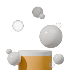 transparent background of white and yellow curve podium, in square floating sphere 3d image render
