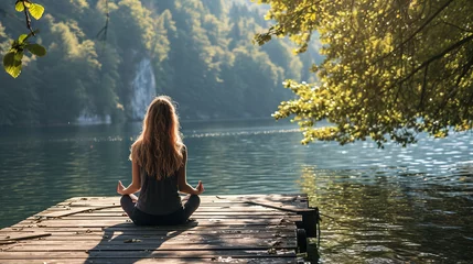 Fotobehang zen woman.fresh air.meditating  yoga.person sitting on a bench © SizeSquare's