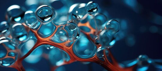 Molecular structure of serum on blue background with light water bubbles. 3D modeling, banner