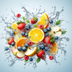 Fruits and berries in a splash of water. Strawberries, blueberries, apples, oranges, mint. AI generated