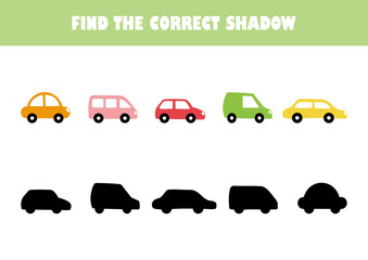 Preschool education workbook page vector illustration. Match the shadows game. Cartoon cars.