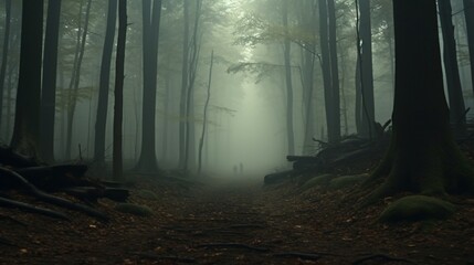 The calm of a forest in early morning, the ground covered in a soft layer of fog, creating a dreamlike atmosphere