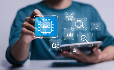 SEO system concept. Person touch virtual SEO icons to analyze search engine optimization. Ranking traffic on website and optimizing your website to rank in search engines.