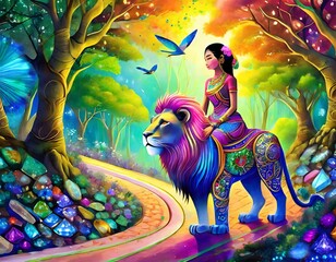 美しい森の中に住むライオンに乗る女性