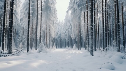 The quiet beauty of a snow-covered pine forest, the trees standing tall and silent under a blanket of white