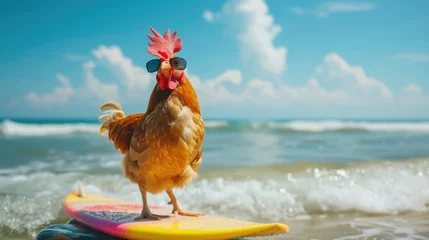 Fotobehang A cute chicken surfer enjoys a fun-filled summer day at the beach, riding waves with enthusiasm, Ai Generated. © Crazy Juke