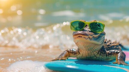 A cute alligator surfer enjoys a fun-filled summer day at the beach, riding waves with enthusiasm, Ai Generated. - obrazy, fototapety, plakaty