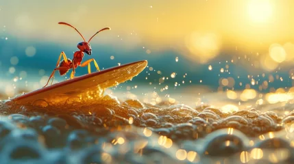 Foto op Canvas A cute ant surfer enjoys a fun-filled summer day at the beach, riding waves with enthusiasm, Ai Generated. © Crazy Juke