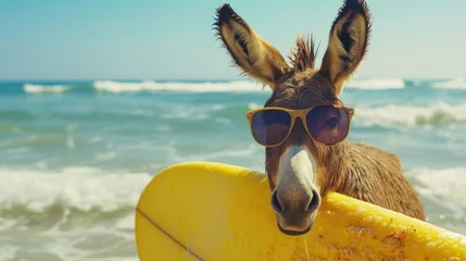 Fotobehang A cute donkey surfer enjoys a fun-filled summer day at the beach, riding waves with enthusiasm, Ai Generated. © Crazy Juke
