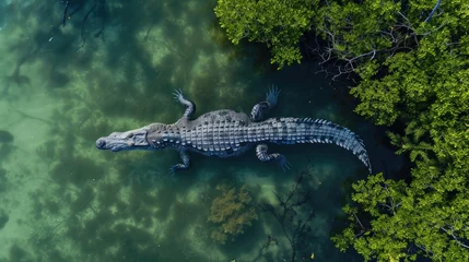 Foto auf Acrylglas Aerial view captures a crocodile at Cayo Centro, showcasing its presence in the serene waters, Ai Generated. © Crazy Juke
