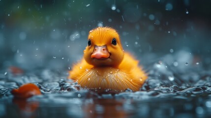 Close-up of a rubber duck floating on water, its cheerful presence brightening the scene, Ai...