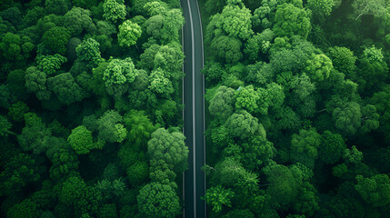 Aerial view green forest and asphalt road, Top view forest road going through forest with car adventure, Ecosystem ecology healthy environment road trip travel, generative ai