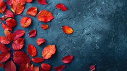 Red autumn leaves scattered on a serene blue slate background, creating a picturesque scene, Ai Generated.