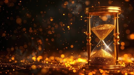 Illustration of a golden hourglass against a dark background, symbolizing the concept of time, Ai Generated.