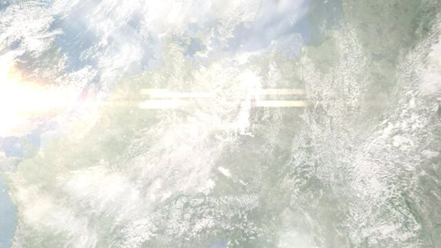 Earth zoom in from space and focus on Riesa, Germany. 3D Animation. Satellite view. Background for travel intro. Images from NASA.