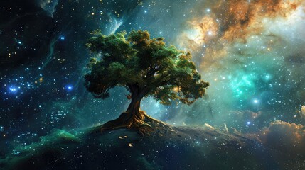 Obraz premium A cosmic nebula gives birth to a colossal tree, intertwining celestial and earthly wonders, Ai Generated.