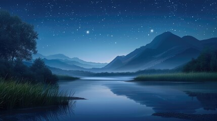 Night unveils a countryside, where a mountain river glows beneath a starry sky, Ai Generated.