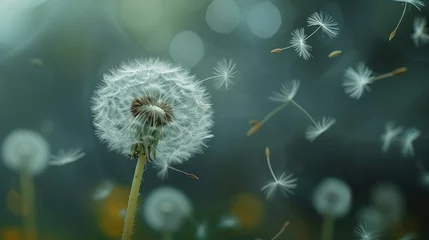 Rolgordijnen Ethereal dandelion seed dances on the breeze, a delicate ballet in nature's breath, Ai Generated. © Crazy Juke